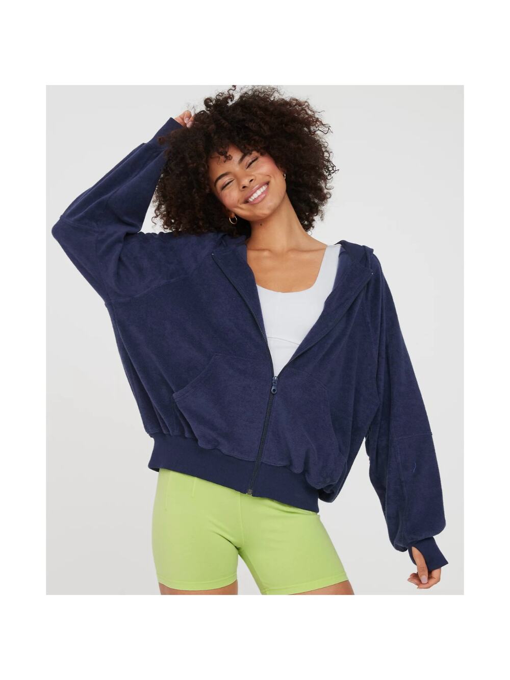 Offline By Aerie Navy Blue Velour Zip Hoodie Size Medium